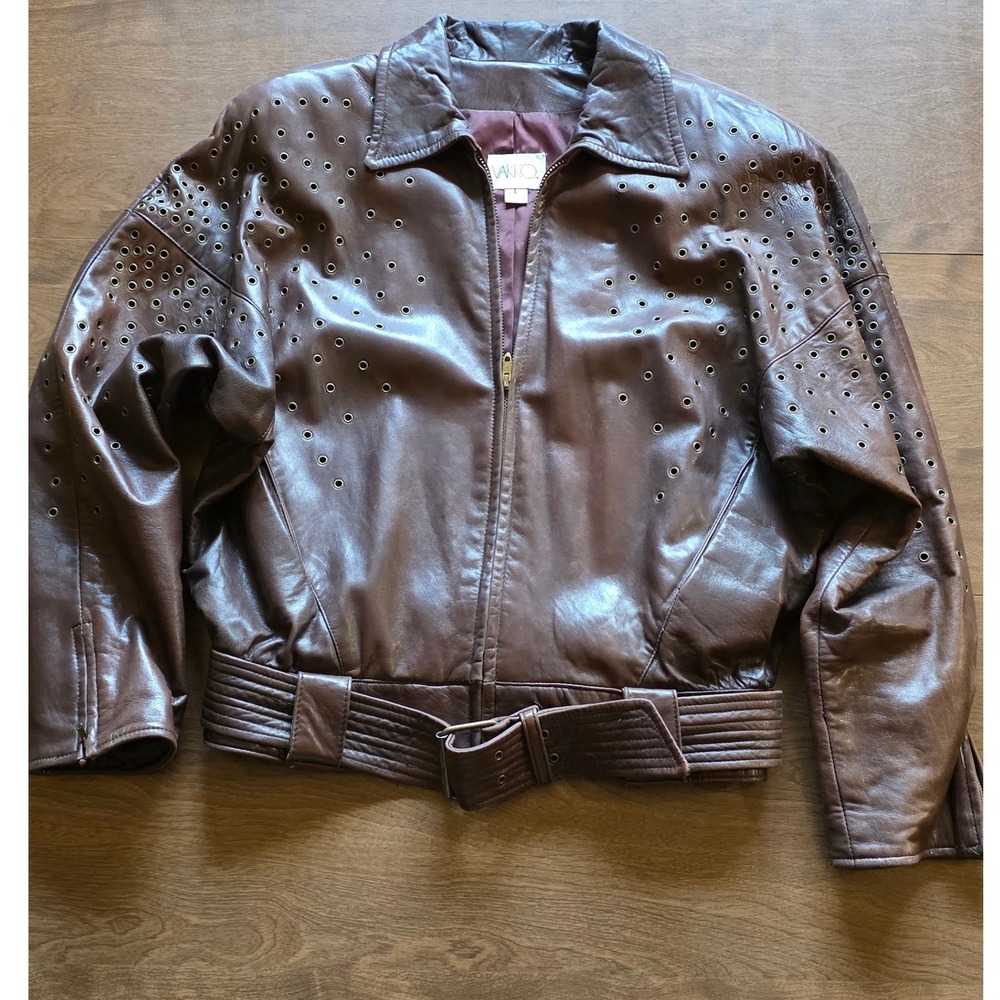 Vakko Vintage Brown Leather Grommet Eyelet Bomber Jacket Made in USA Large moto